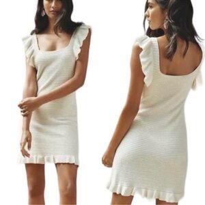 Anthropologie Cream Knit Ruffle Shoulder & Hem Scoop Neck Short Dress sz M